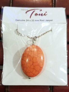 Vintage NOS Toni Red Jasper Pendant w/ Silver Tone Ball Chain Necklace 19"